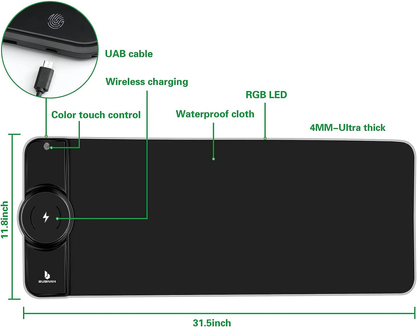 Black gaming mouse pad with built-in wireless charging module and thick base