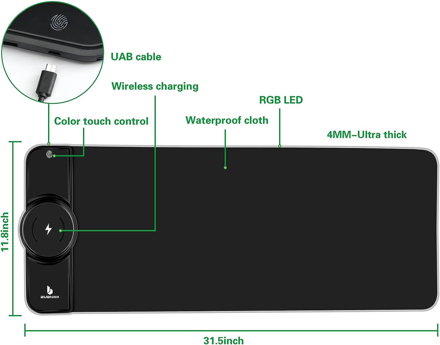 Black gaming mouse pad with built-in wireless charging module and thick base
