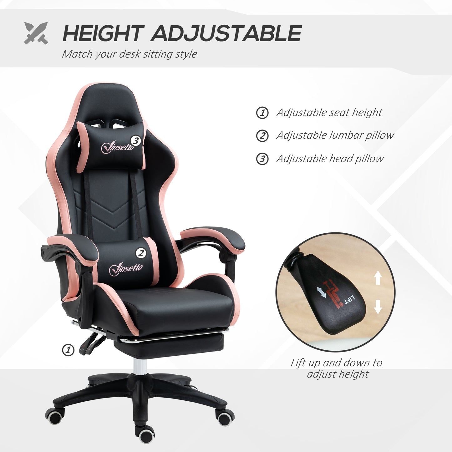 Black and pink gaming chair with adjustable headrest and lumbar support pillows