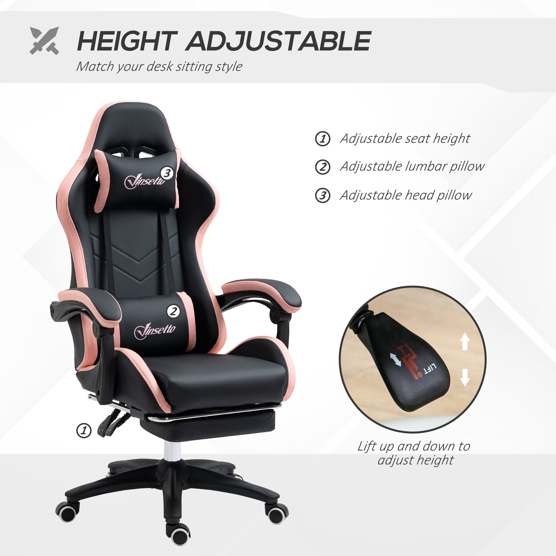 Black and pink gaming chair with adjustable headrest and lumbar support pillows