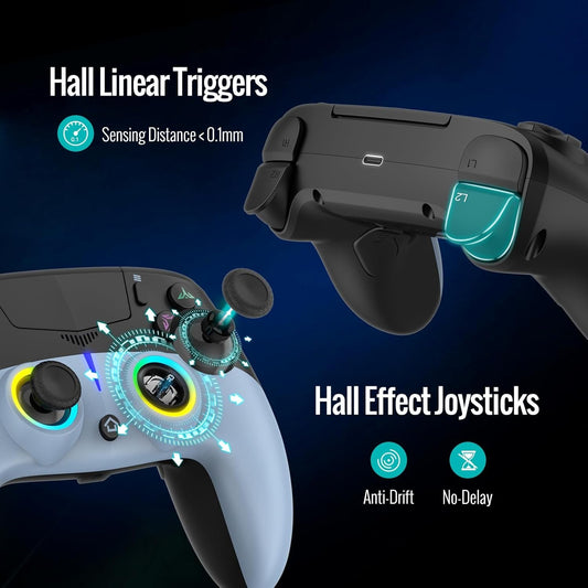 Black wireless game controller with glowing trigger window and analog sticks