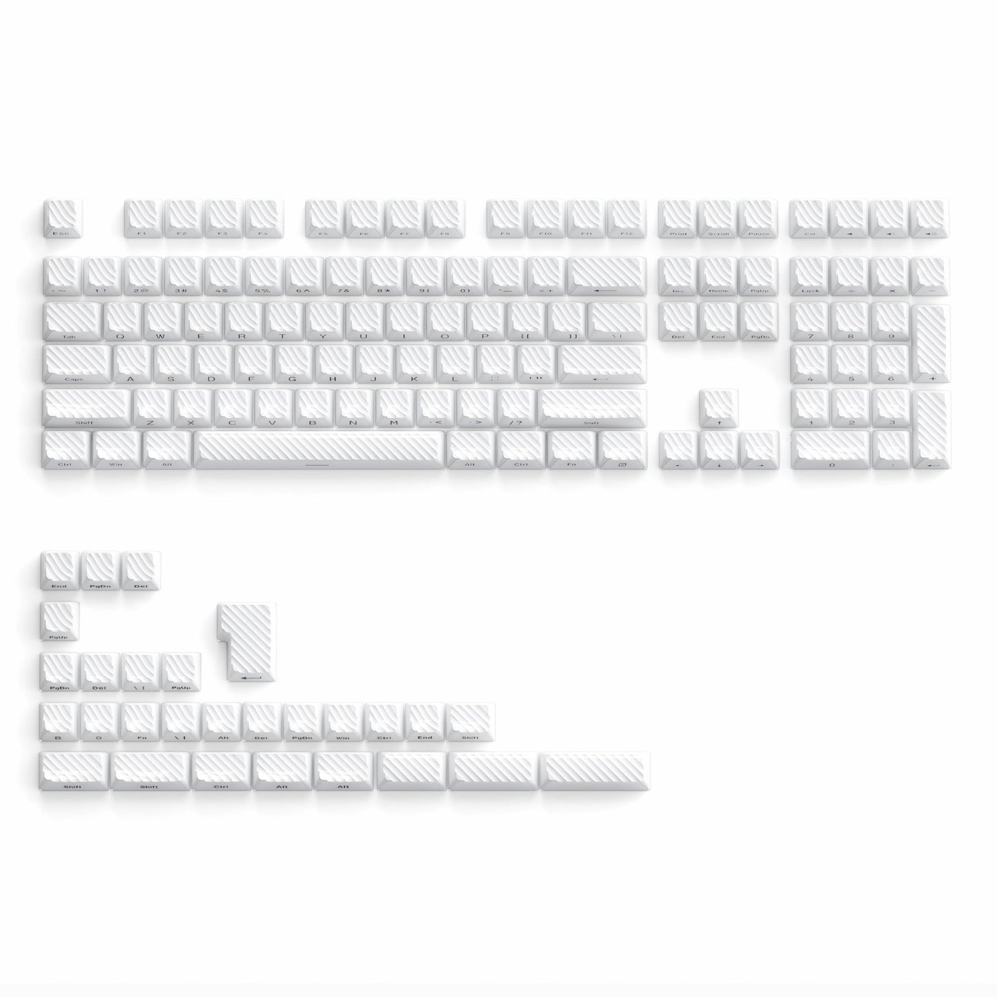 White OEM profile keycap set arranged by cluster, textured sculpted key tops