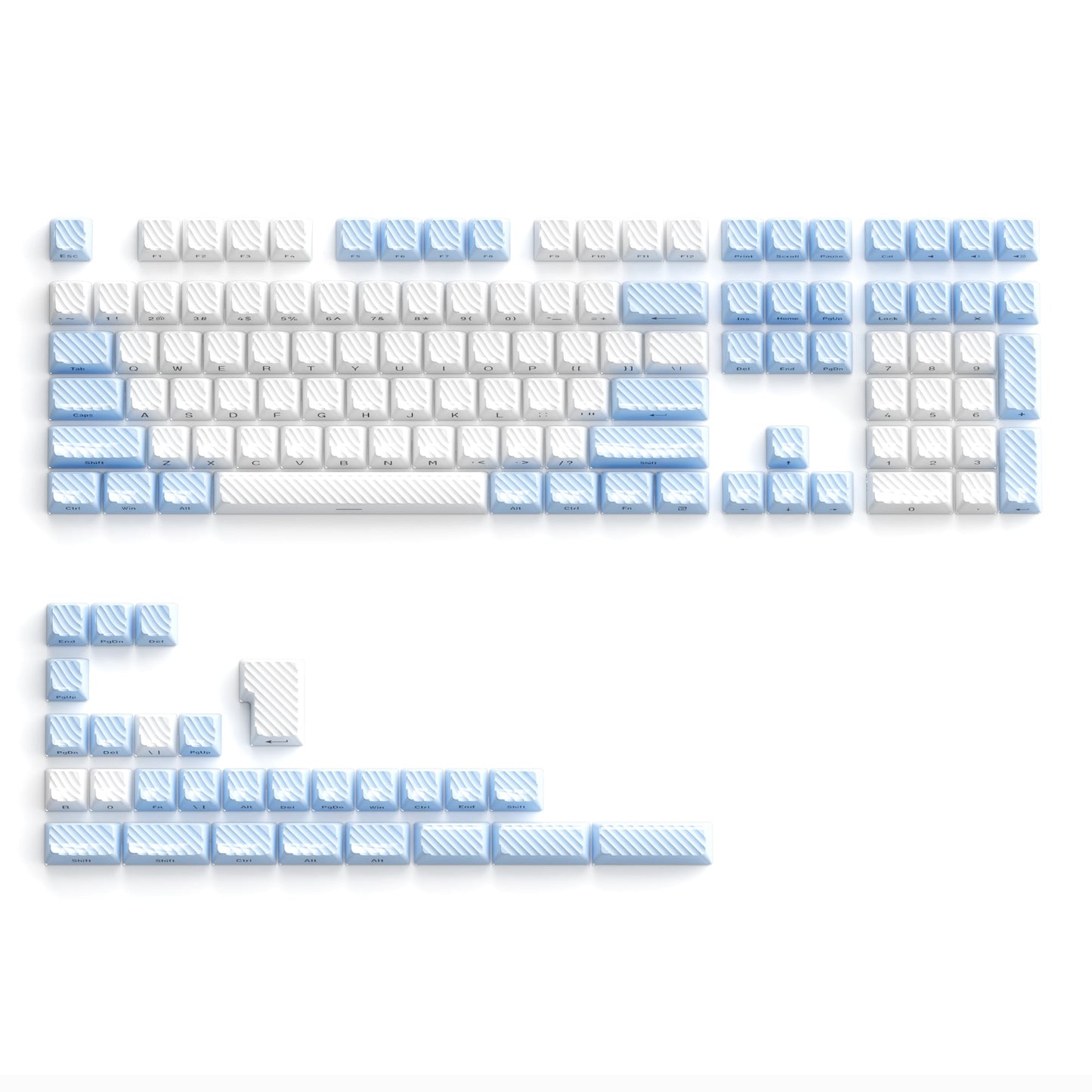 Blue OEM profile keycap set with light blue accents arranged in letter shapes
