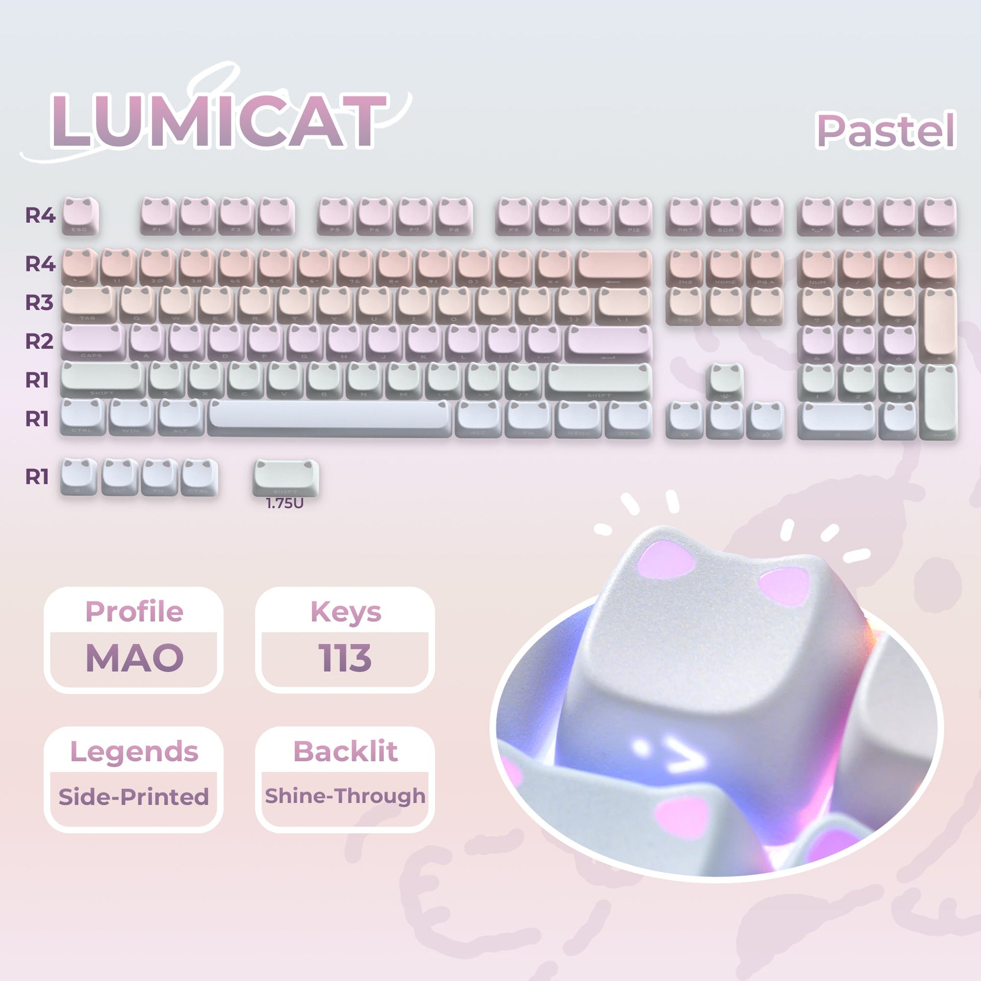 Pastel pink and light purple keycap set with side-printed shine-through legends