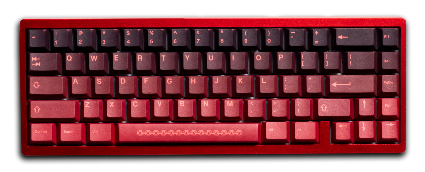Red PBT keycaps keyboard set with chained pattern on the spacebar