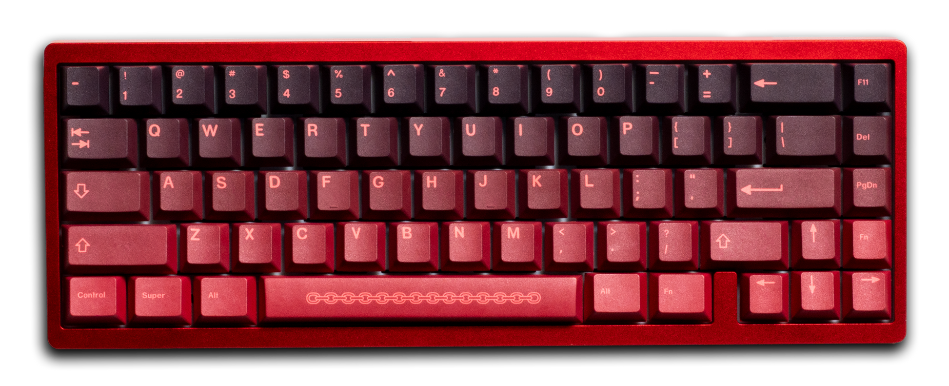 Red PBT keycaps keyboard set with chained pattern on the spacebar