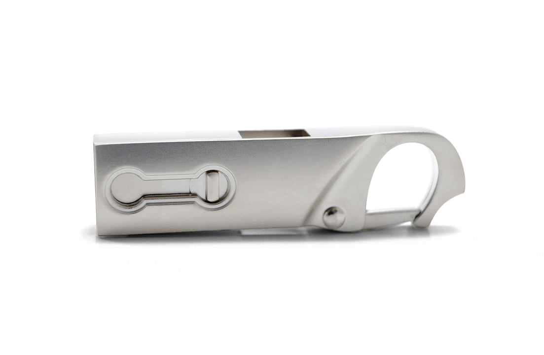 Silver USB flash drive with keychain loop and sliding connector cover
