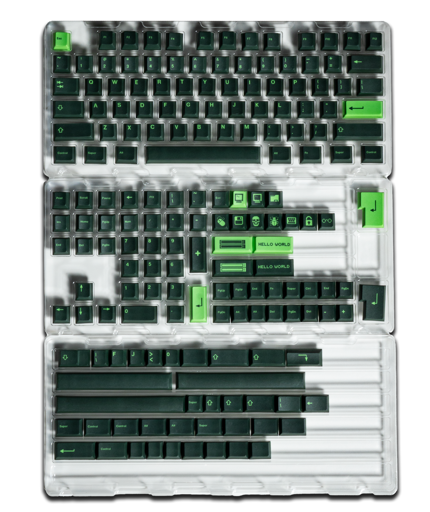 Clear acrylic keyboard with green and black PBT keycaps and “Hello World” accent keys