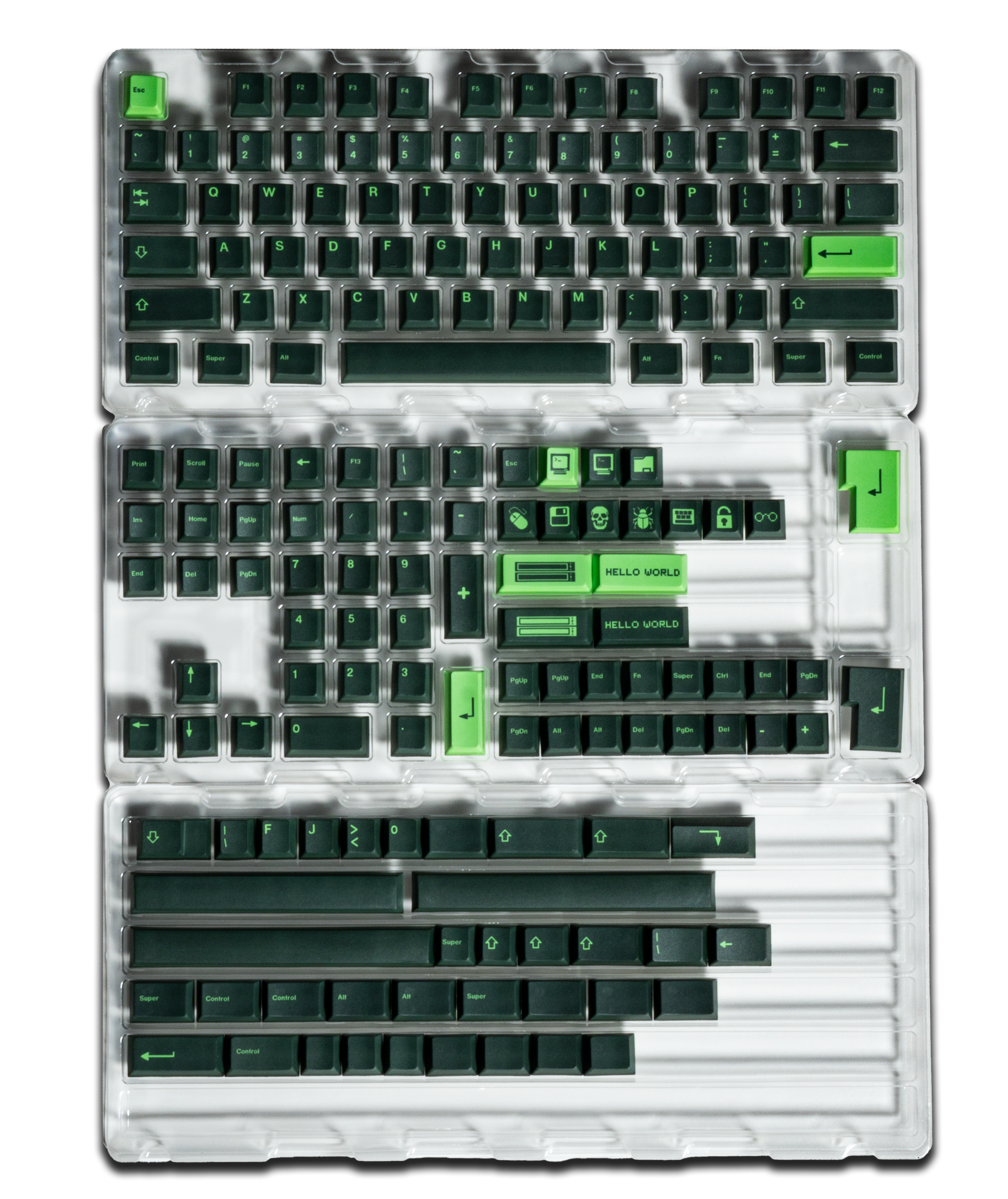 Clear acrylic keyboard with green and black PBT keycaps and “Hello World” accent keys
