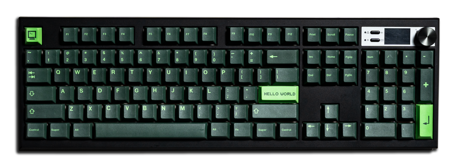 Green and black PBT keycaps set with “Hello World” accent legends on a full keyboard layout