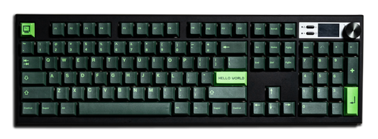 Green and black PBT keycaps set with “Hello World” accent legends on a full keyboard layout