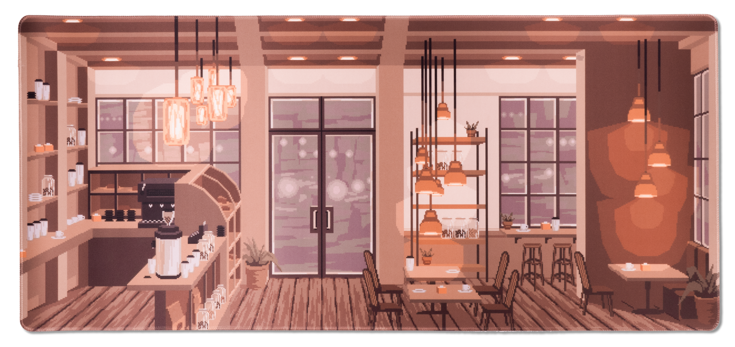 Rectangular desk mat with coffee shop illustration and dark border edging