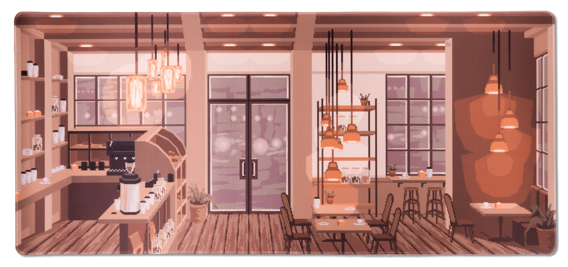Rectangular desk mat with coffee shop illustration and dark border edging