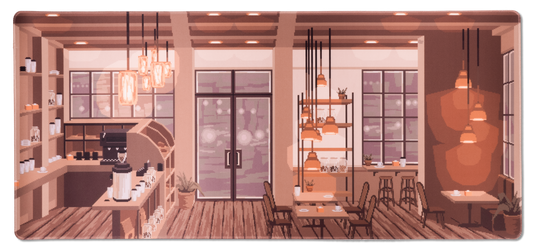 Rectangular desk mat with coffee shop illustration and dark border edging