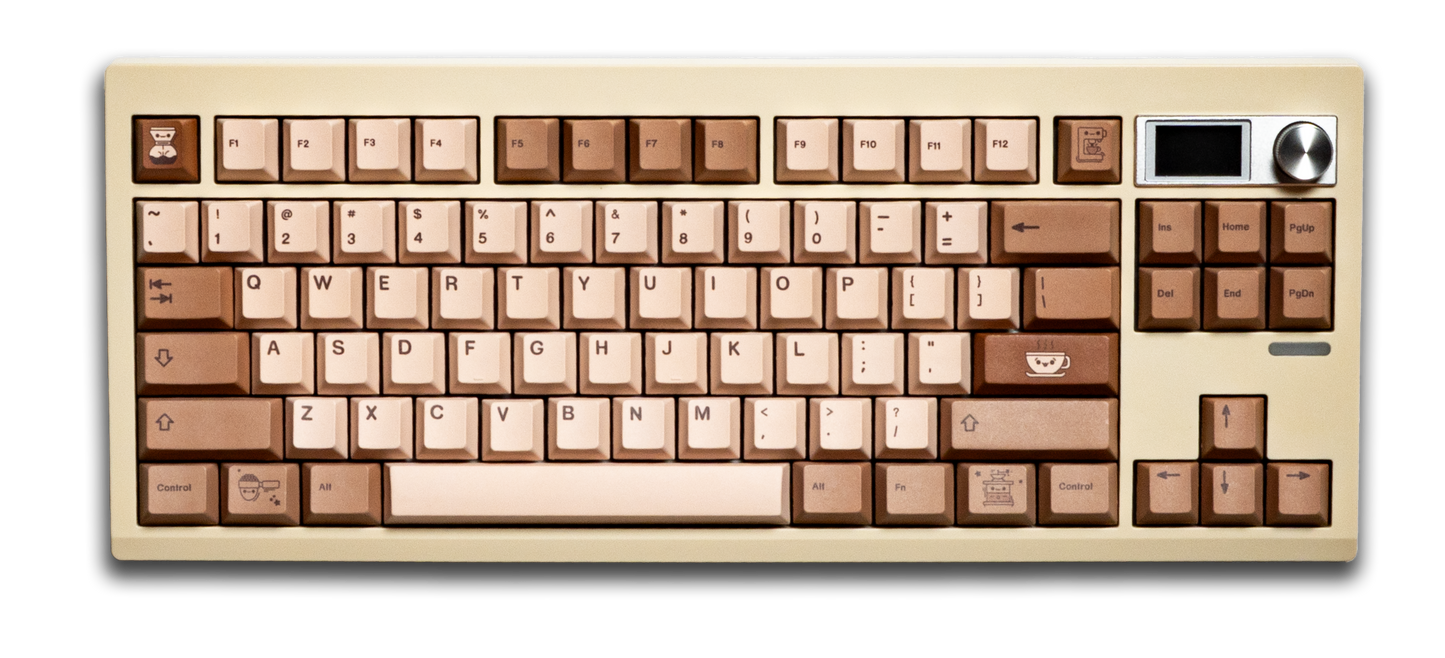 Coffee-themed PBT keycap set in beige and brown with themed legends across keys