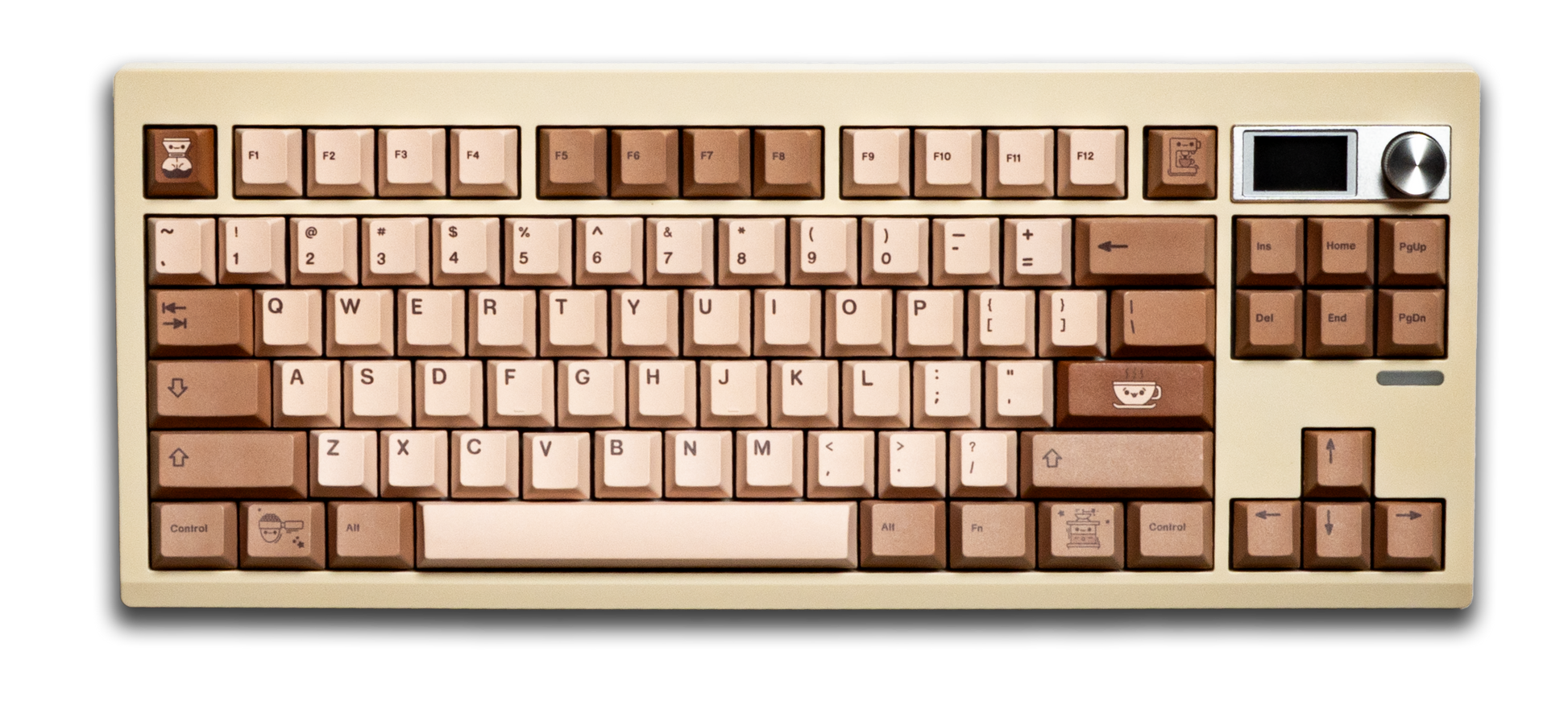 Coffee-themed PBT keycap set in beige and brown with themed legends across keys