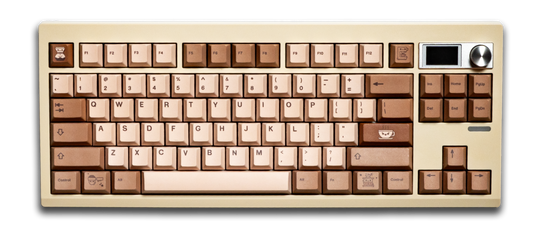 Coffee-themed PBT keycap set in beige and brown with themed legends across keys