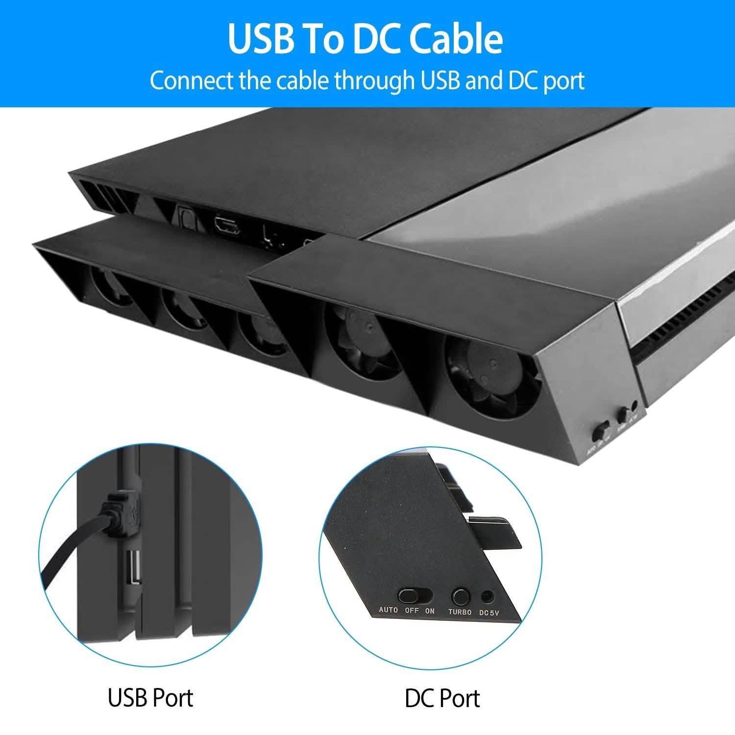 Black console cooling fan bar showing USB and DC ports on the side