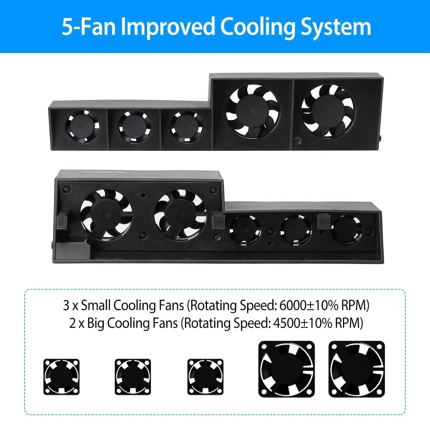 Black cooling fan bar featuring five cooling fans with top and side fan array