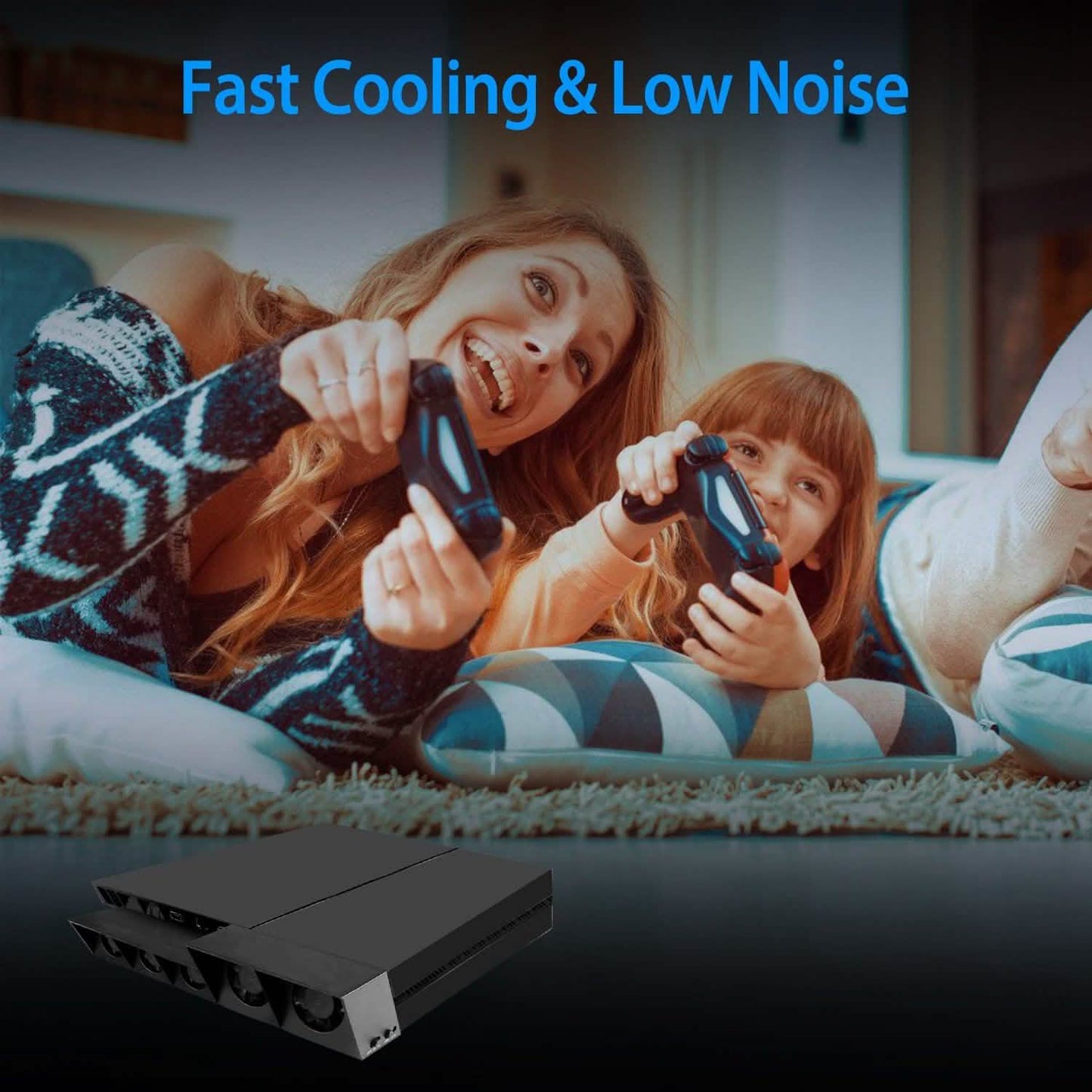 Black console cooling fan with angled vent grille and multi-fan airflow openings