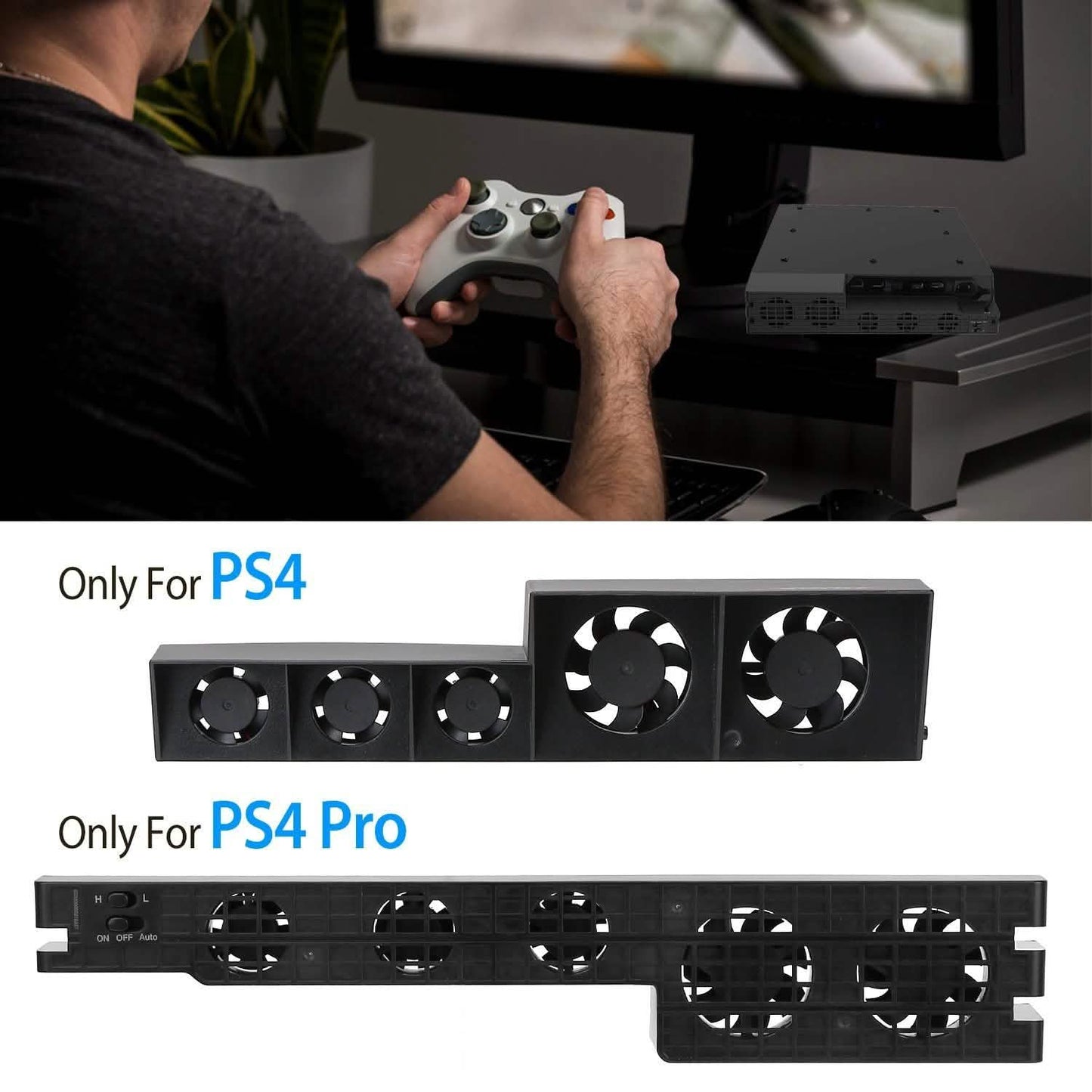 Console cooling fan, black housing with three fan openings and power/USB port