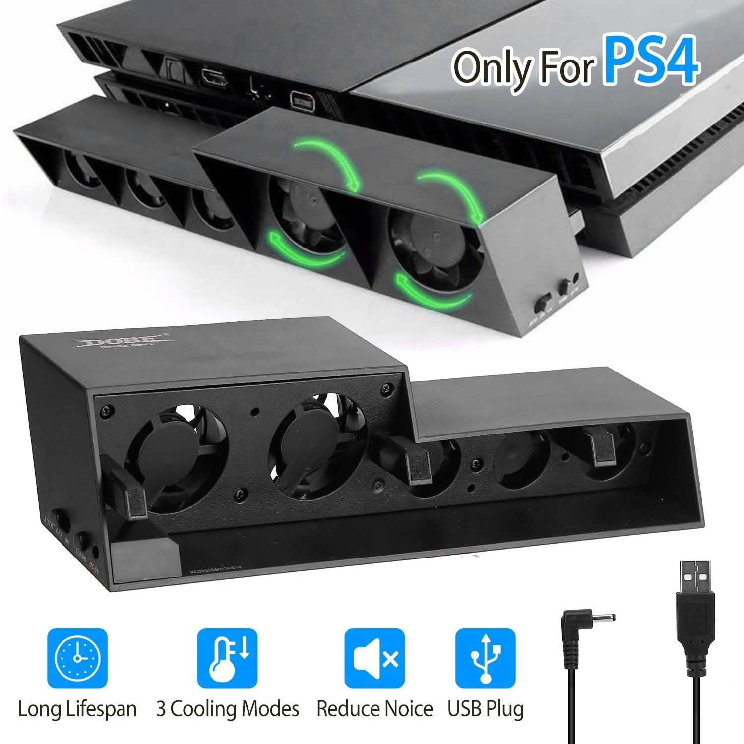 PS4 cooling fan dock, black with three circular fans and green LED airflow lights