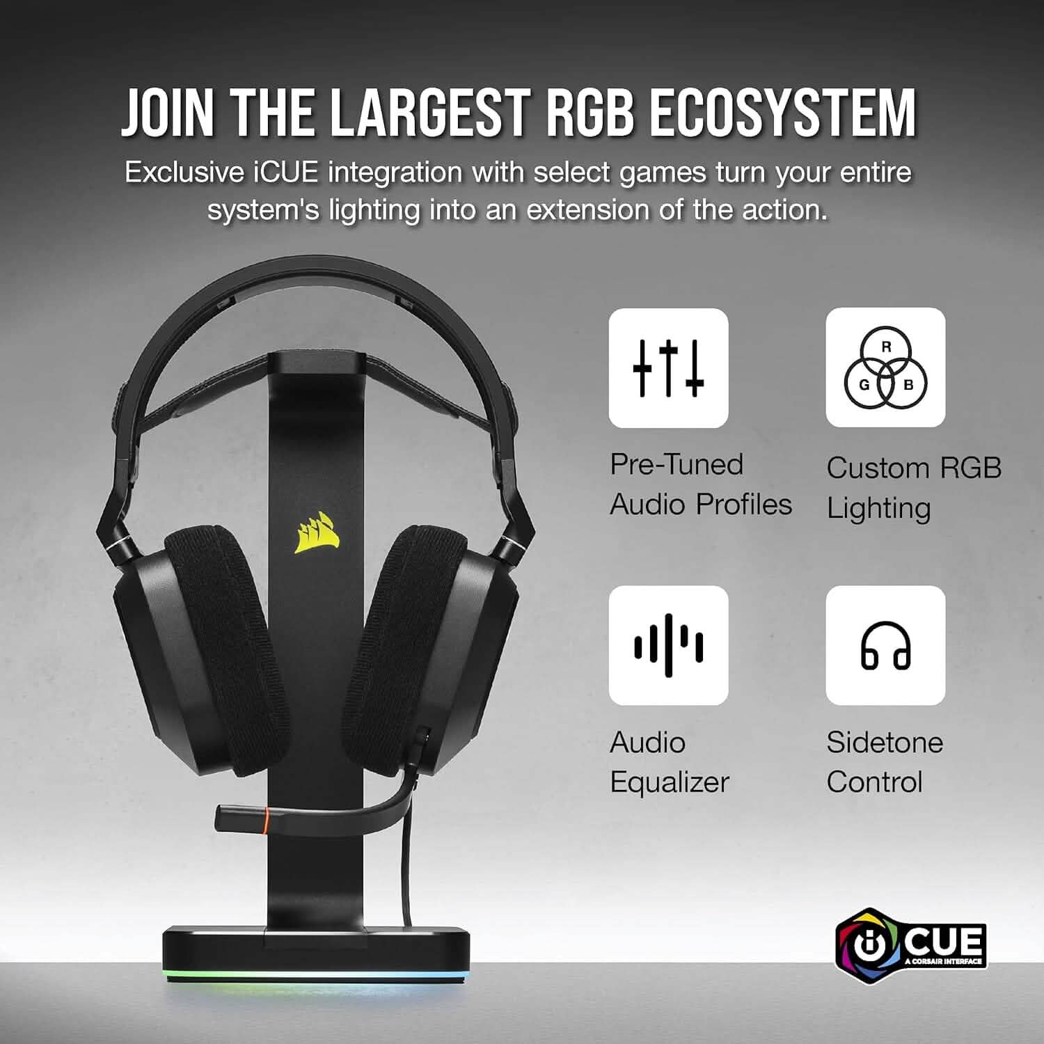 Black Corsair gaming headset on stand with over-ear cushions and headband