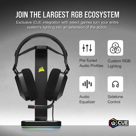 Black Corsair gaming headset on stand with over-ear cushions and headband