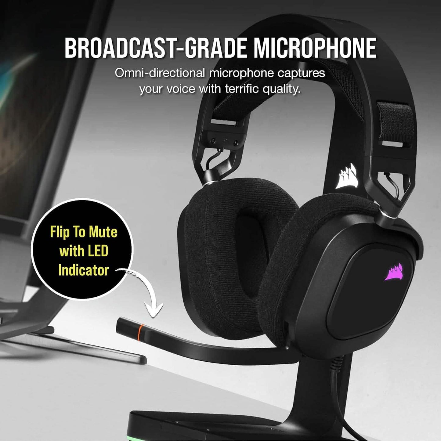 Black Corsair gaming headset with boom microphone and over-ear foam pads