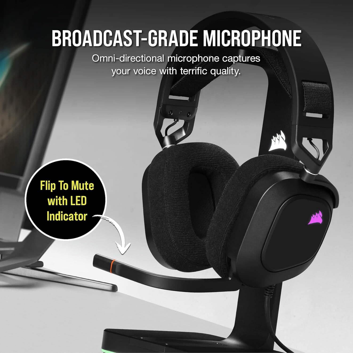 Black Corsair gaming headset with boom microphone and over-ear foam pads