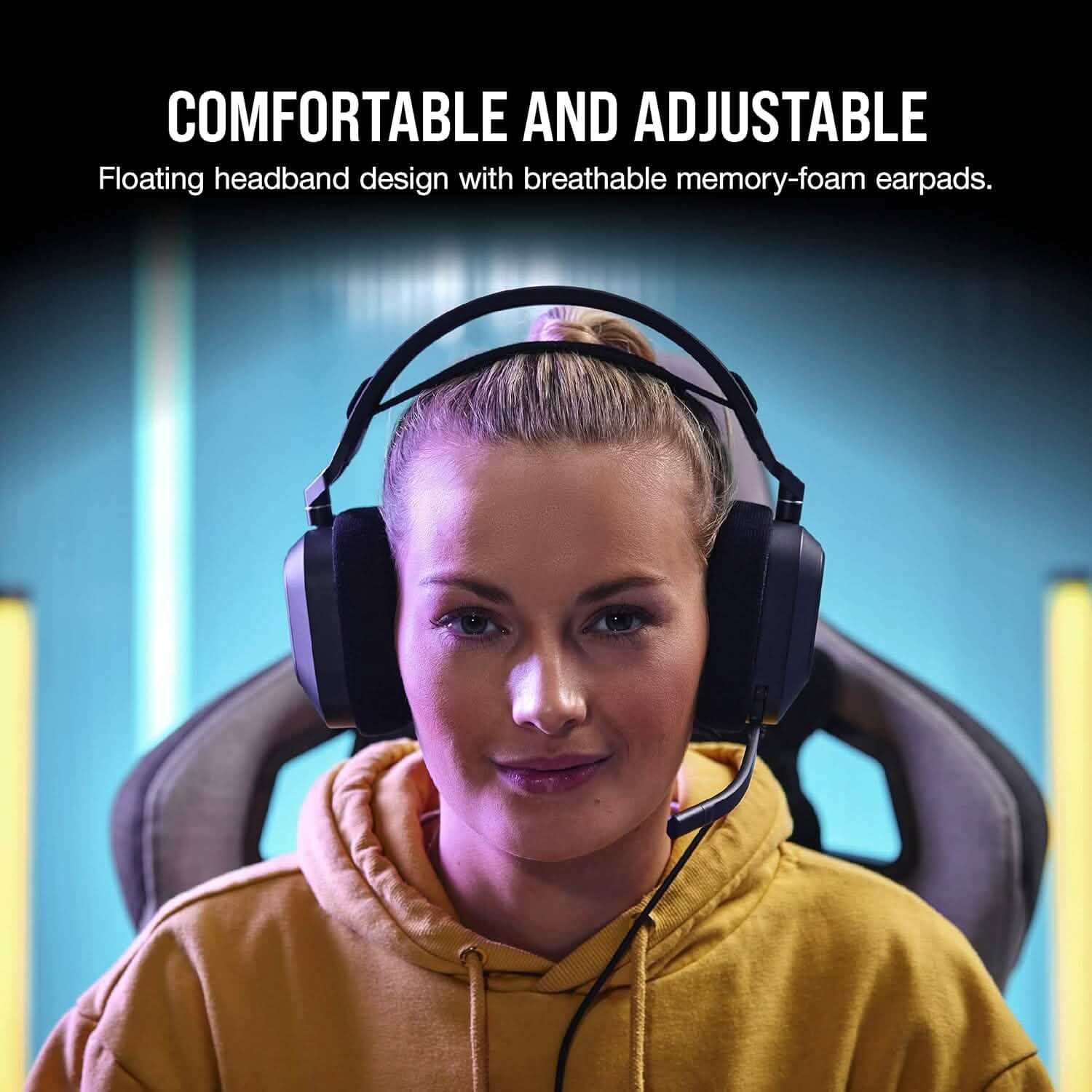 Corsair gaming headset worn on person, with adjustable headband and cushioned ear pads