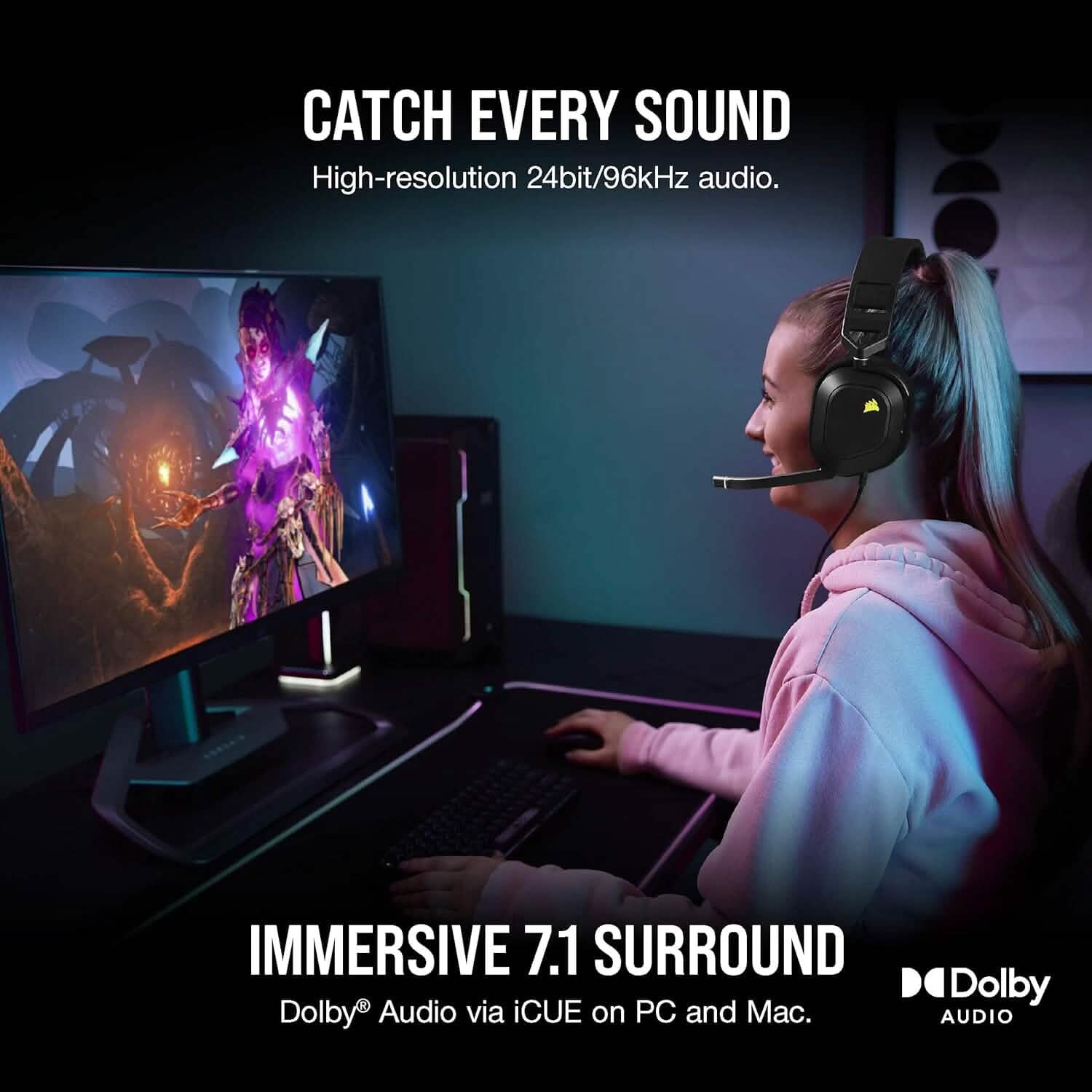 Corsair gaming headset with over-ear cushions and boom mic, worn during use