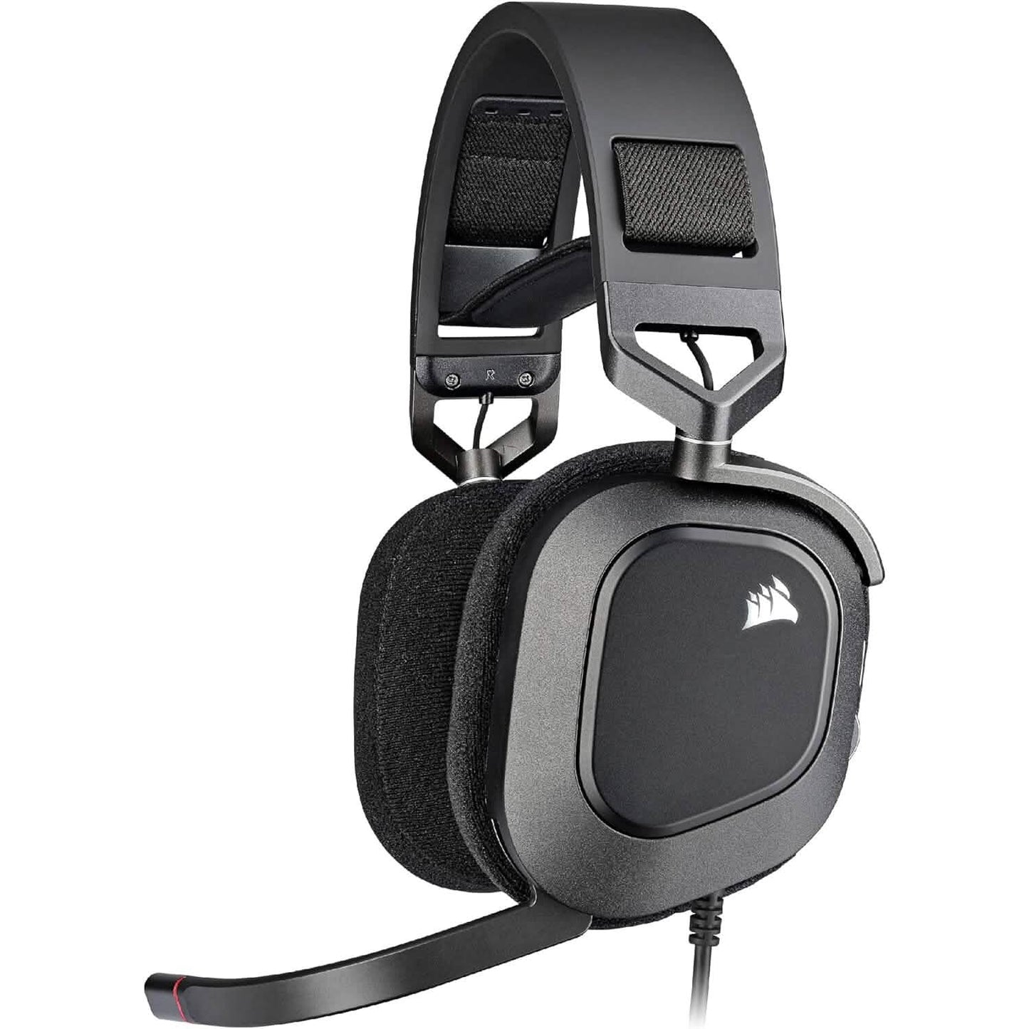 Black Corsair gaming headset with padded ear cups and adjustable metal yokes