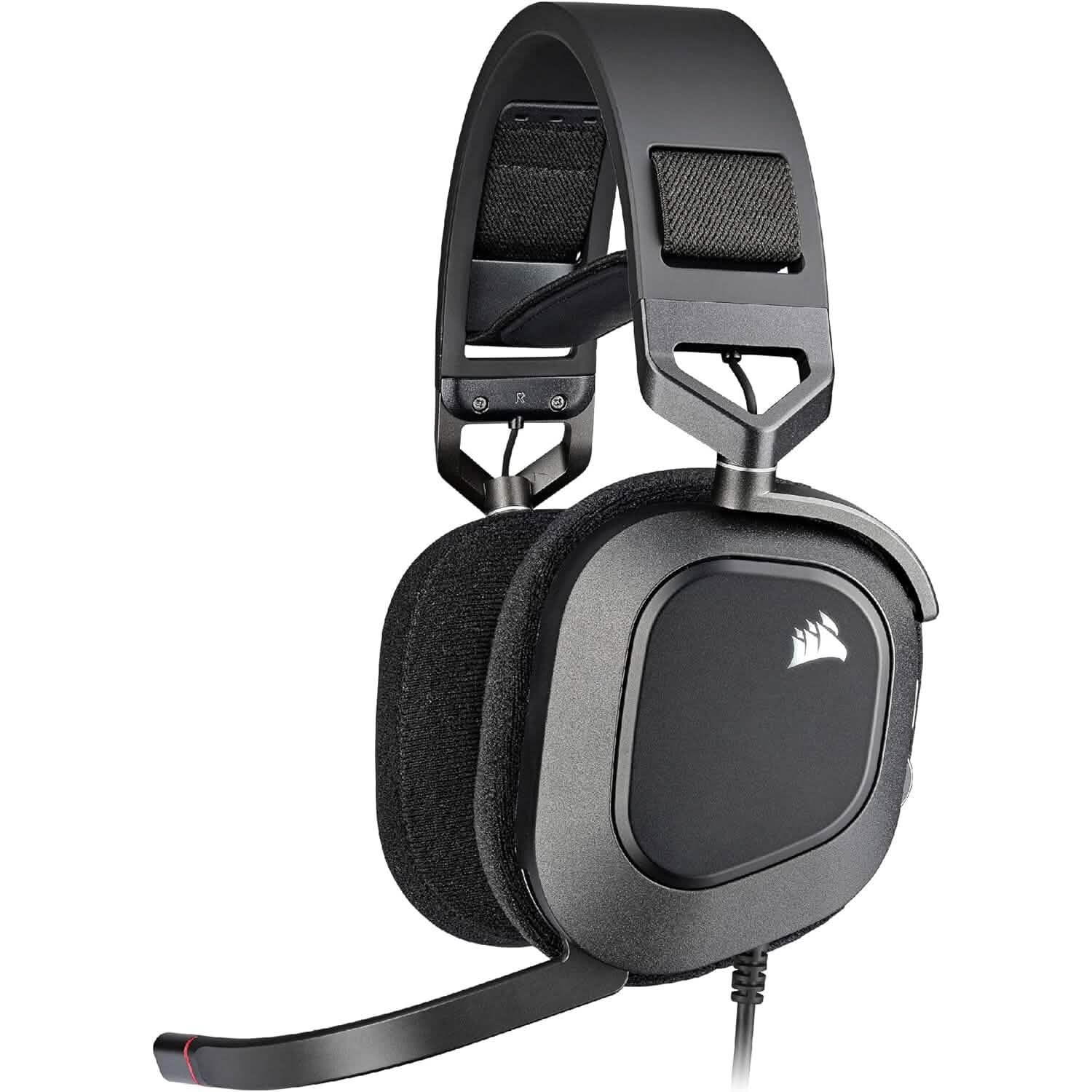 Black Corsair gaming headset with padded ear cups and adjustable metal yokes