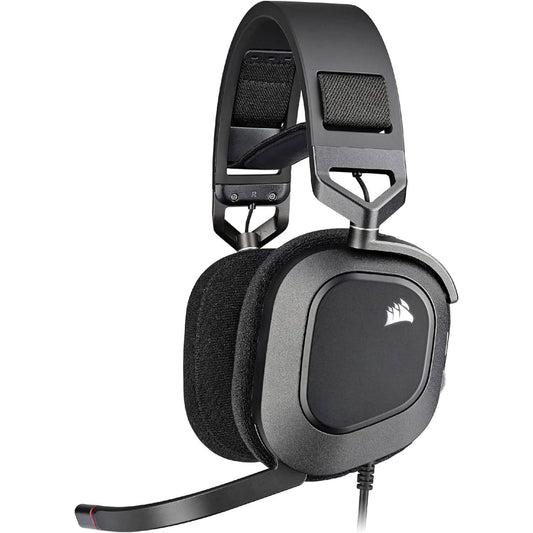 Black Corsair gaming headset with padded ear cups and adjustable metal yokes