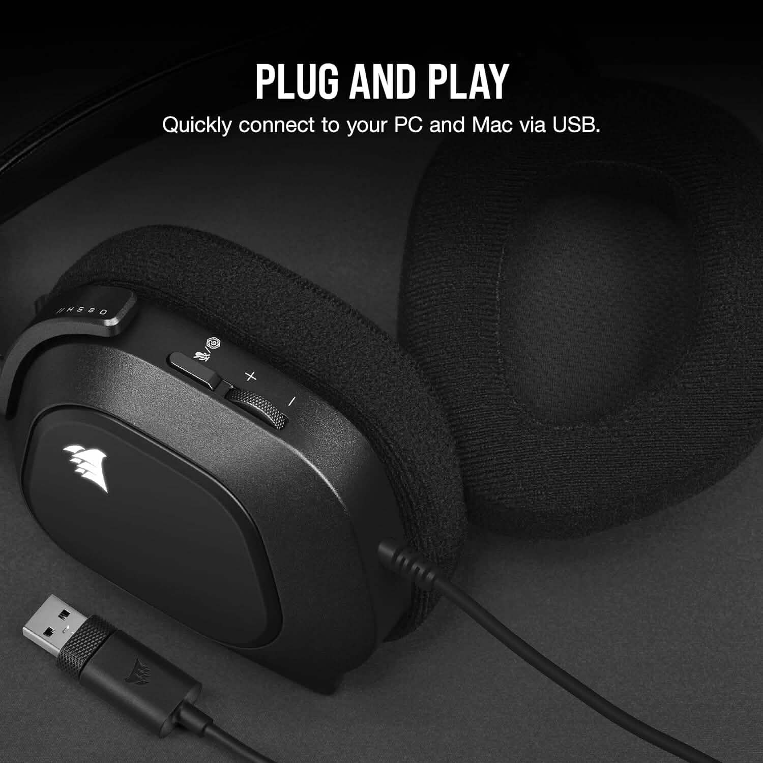 Corsair gaming headset ear cup controls with USB plug and attached audio cable