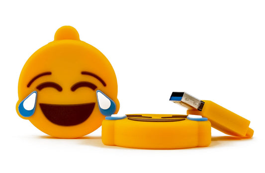 Yellow crying-laughing emoji USB flash drive with cap off and gold connector