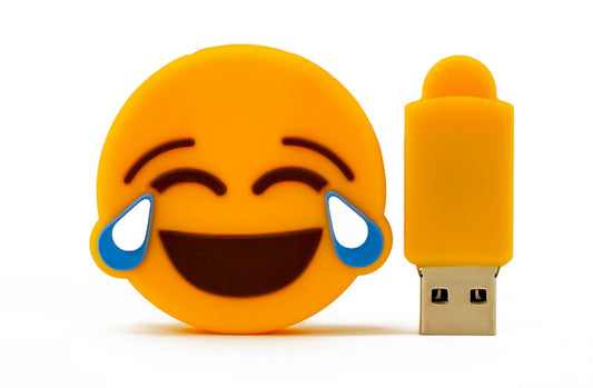 Yellow crying-laughing emoji USB flash drive with blue tears and capped USB end