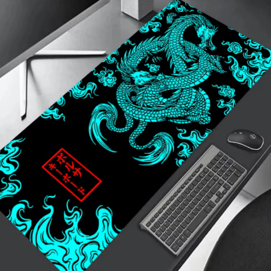 Dragon flame mat with teal dragon on black background, glowing swirl pattern, rectangular