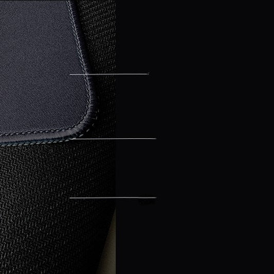 Black desk mat edge with dark stitching detail, smooth surface for mouse and keyboard
