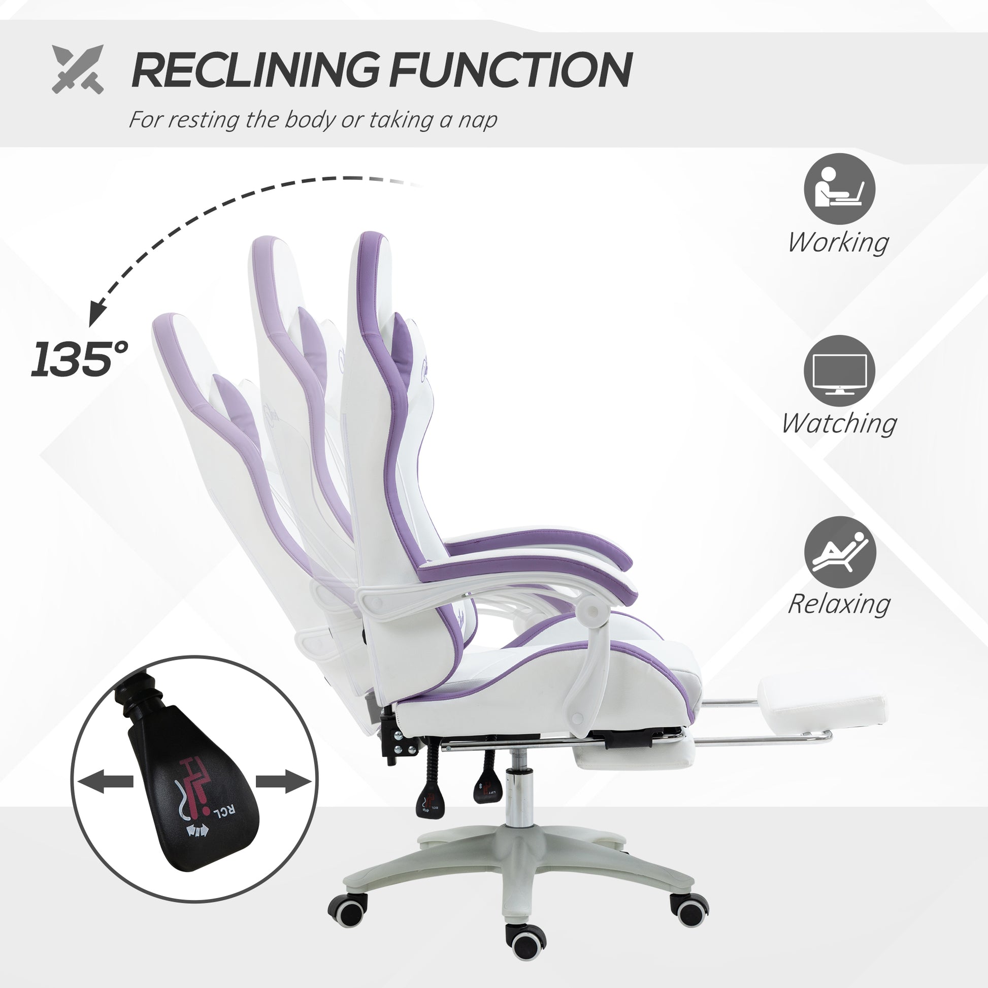 Vinsetto gaming chair reclines up to 135°, white seat with purple accents