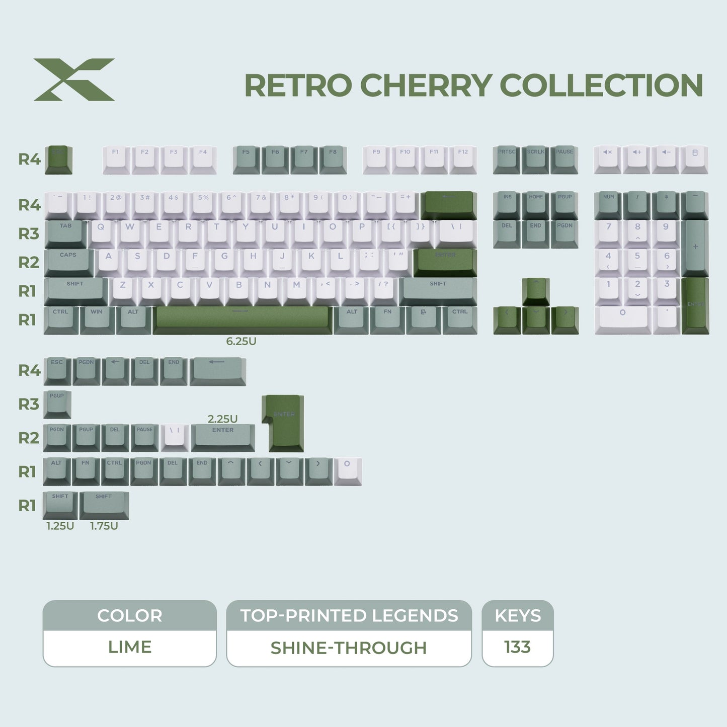 Lime double-shot PBT keycap set, white and light green legends