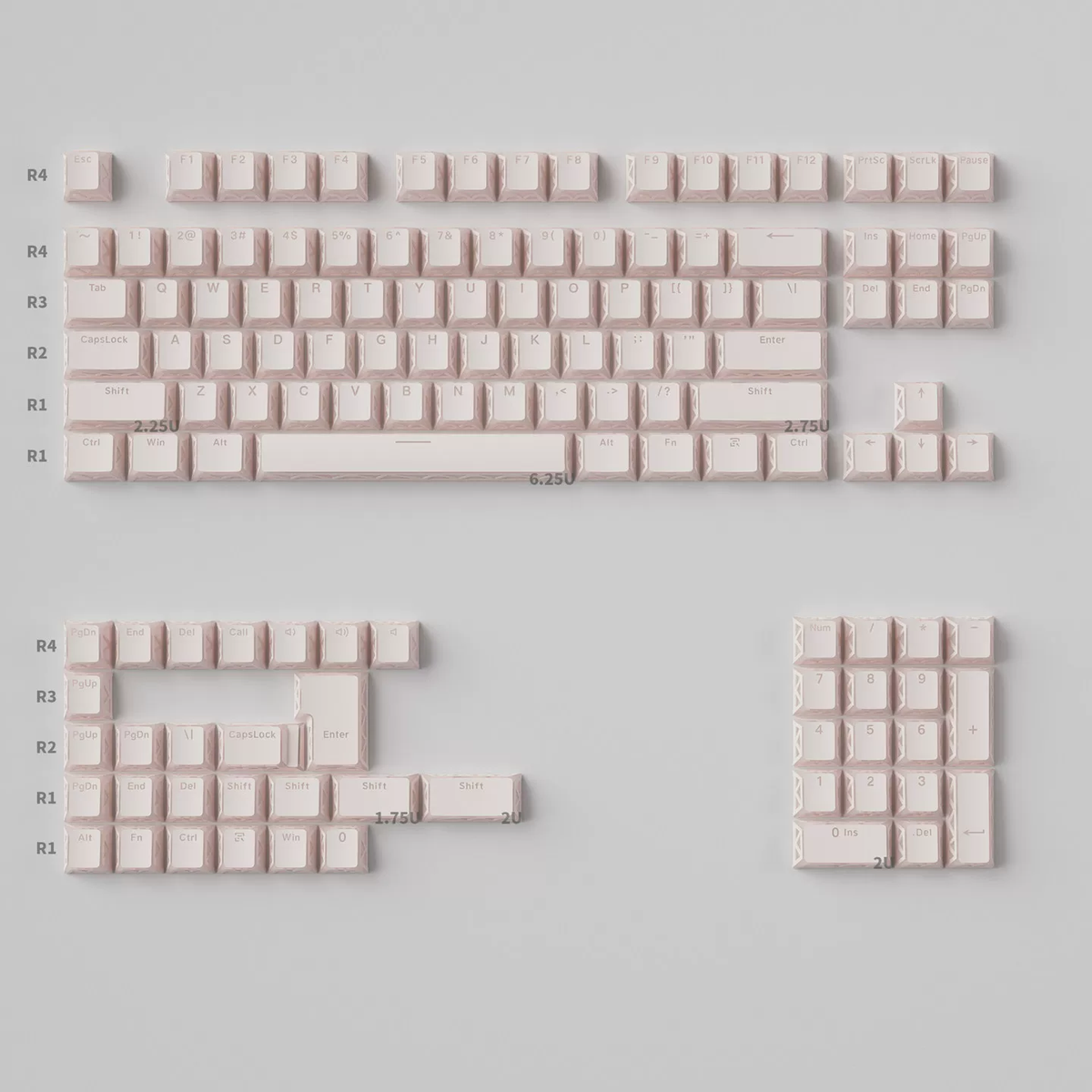 White PBT keycap set with soft pink prism legends, showing the 130-key layout