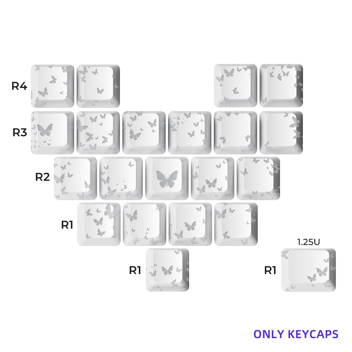 White artisan keycap set with butterfly cutout designs for R1–R4 rows