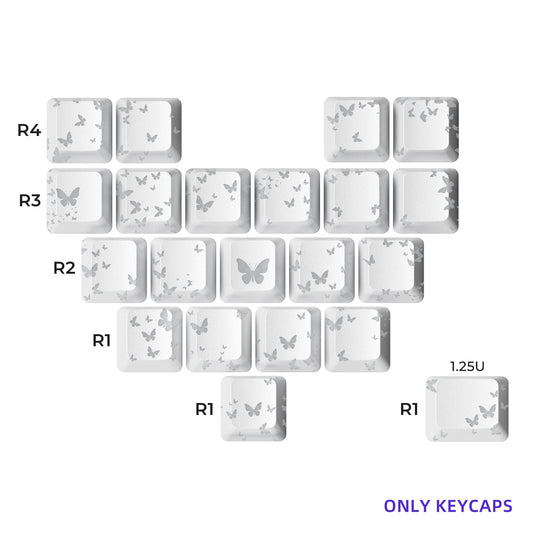 White artisan keycap set with butterfly cutout designs for R1–R4 rows