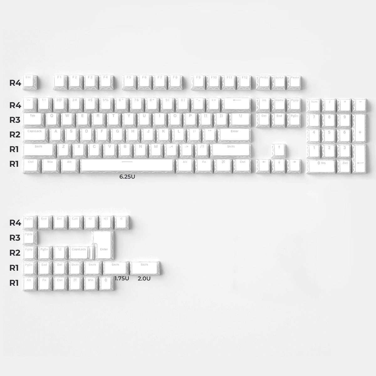 White PBT keycaps set showing the full 130-key layout with prism-pattern legends
