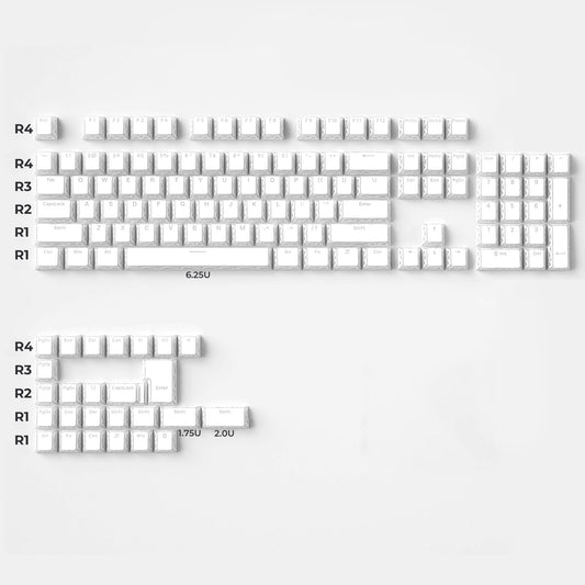 White PBT keycaps set showing the full 130-key layout with prism-pattern legends