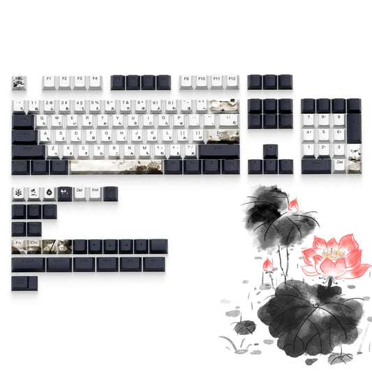 Cherry profile keycap set with white and dark keys and lotus-themed shine-through legends