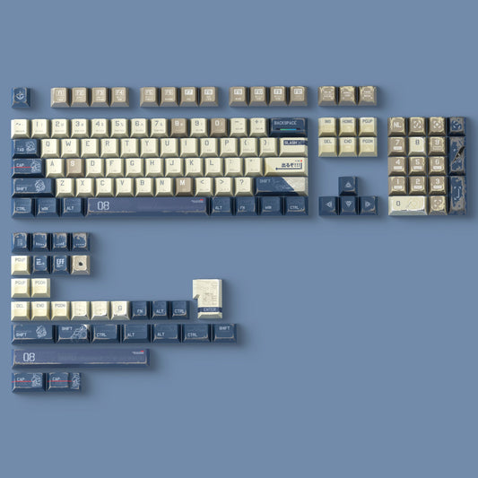 Cherry-profile keycap set, 143-key layout in cream and blue with mecha-themed legends