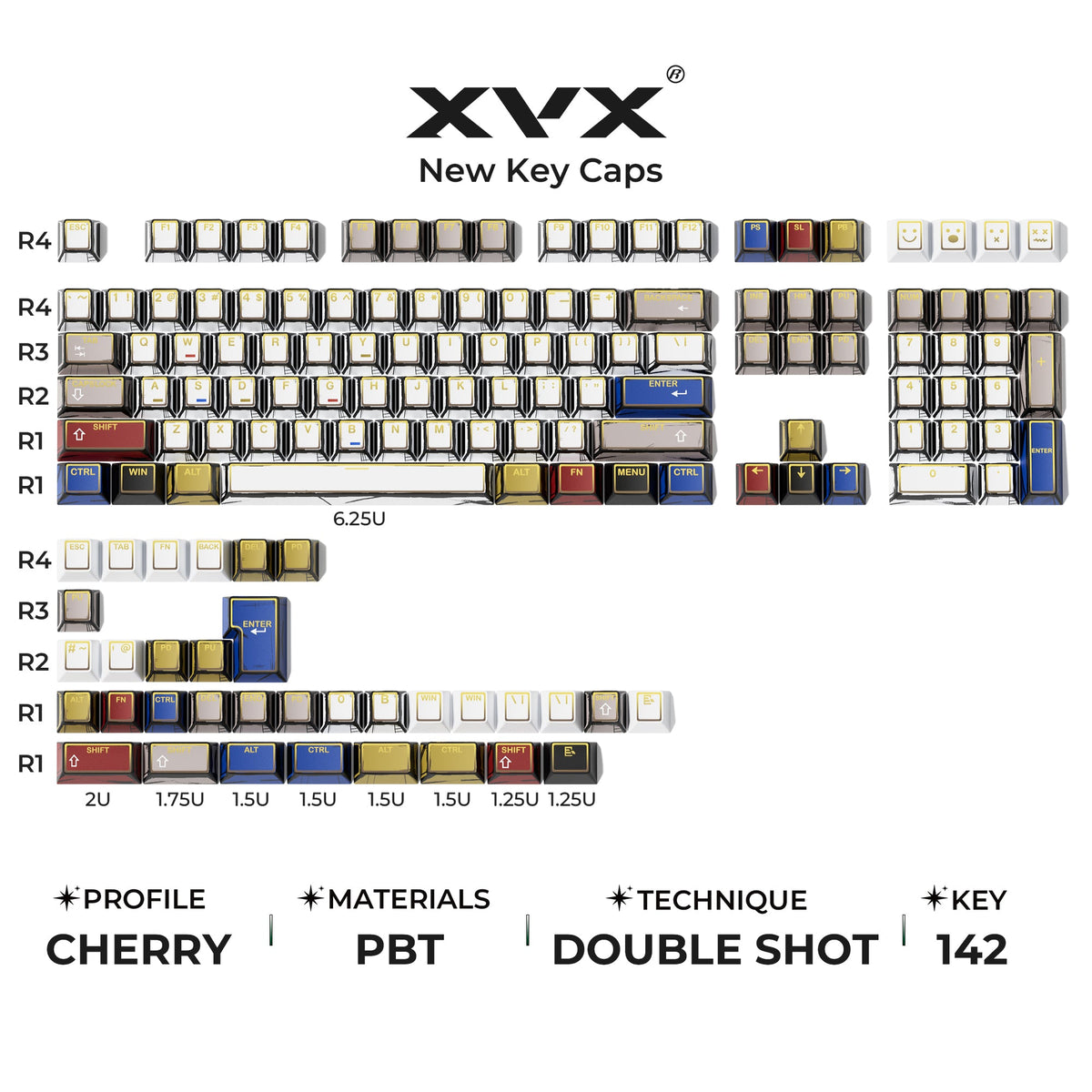Cherry-profile PBT keycap set, beige with gold and blue accents, 142-key double-shot set.